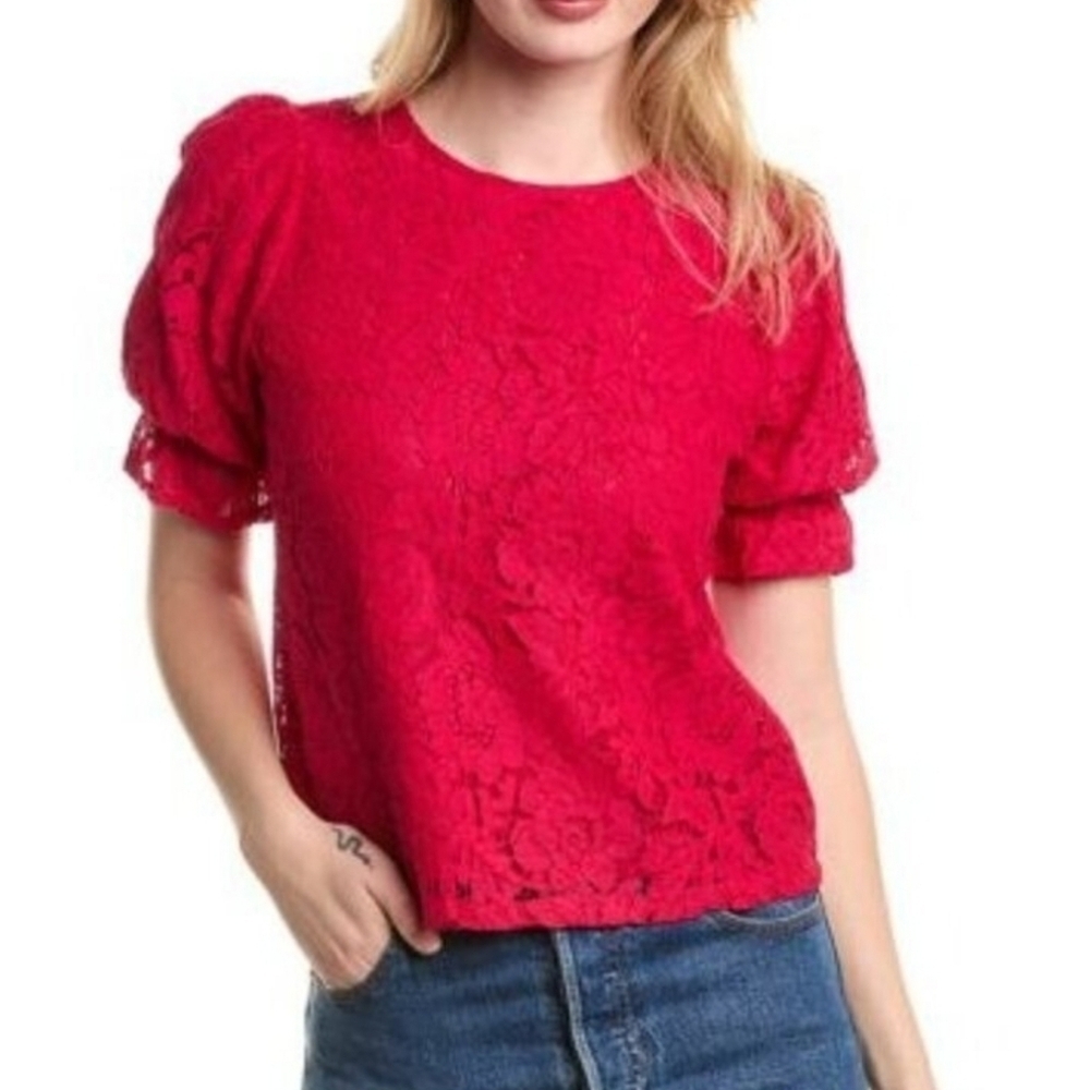 1.State Women's Lace Ruffle Puff Sleeve Top Wineberry Red Pink Floral Size MED